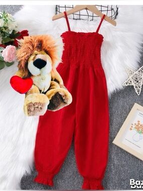 SZ 6 Girls Red Shirred Ruffle Trim Cami Jumpsuit W/ Lion Heart Plush